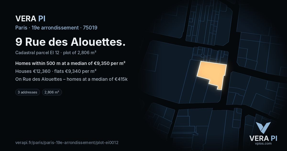 9 Rue des Alouettes, 19e arrondissement at night – the plot lit, the parcels around coloured by the prices near them