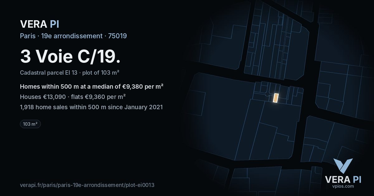 3 Voie C/19, 19e arrondissement at night – the plot lit, the parcels around coloured by the prices near them