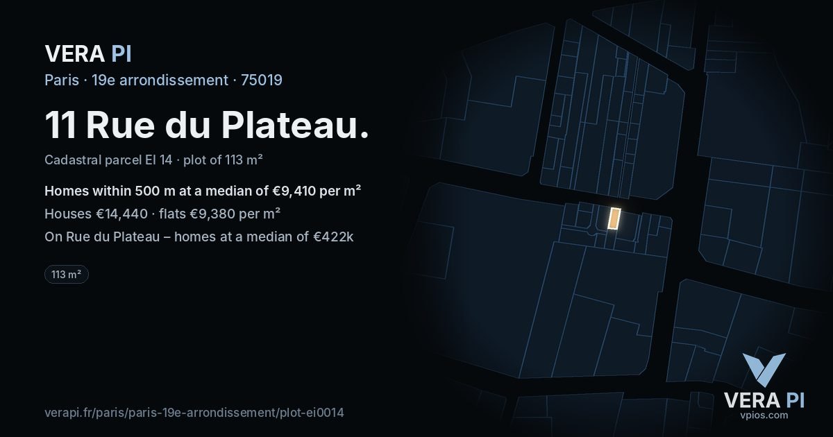 11 Rue du Plateau, 19e arrondissement at night – the plot lit, the parcels around coloured by the prices near them
