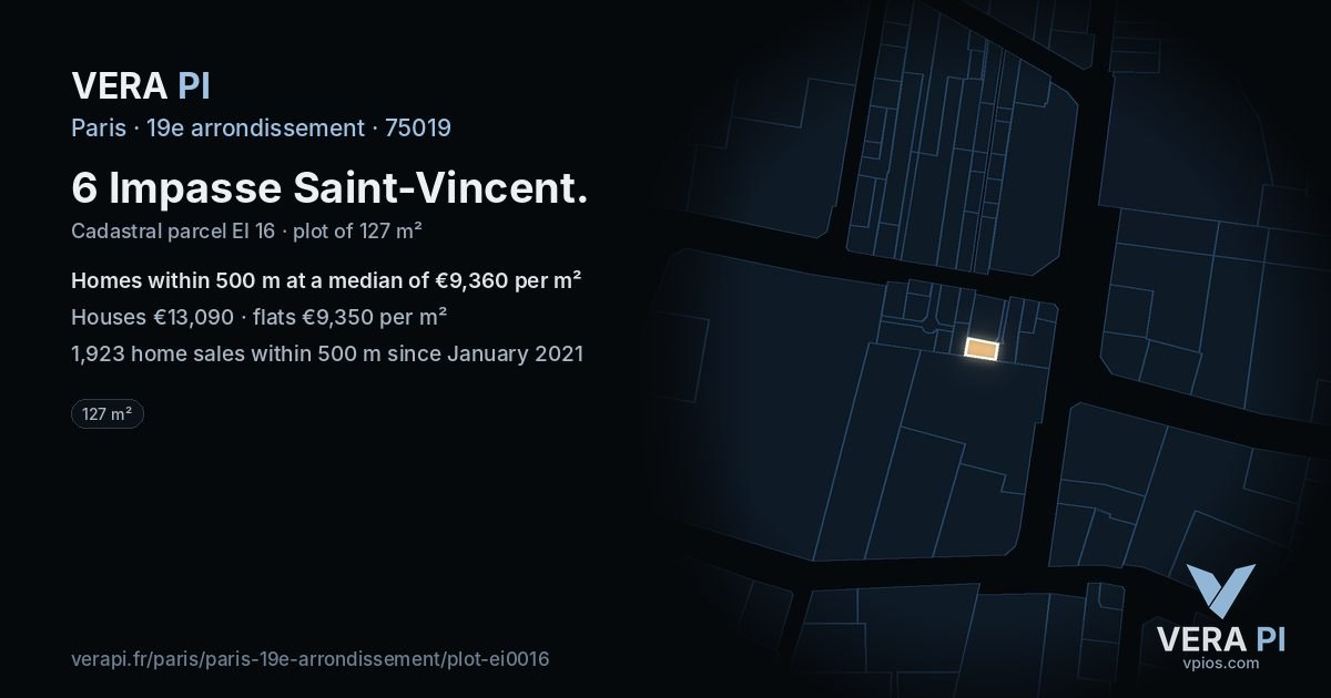 6 Impasse Saint-Vincent, 19e arrondissement at night – the plot lit, the parcels around coloured by the prices near them