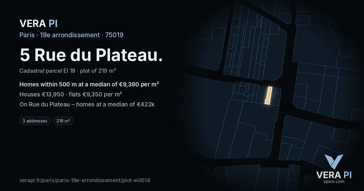 5 Rue du Plateau, 19e arrondissement at night – the plot lit, the parcels around coloured by the prices near them