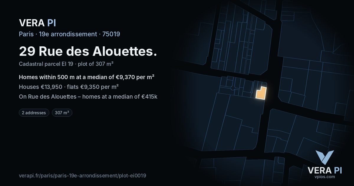 29 Rue des Alouettes, 19e arrondissement at night – the plot lit, the parcels around coloured by the prices near them