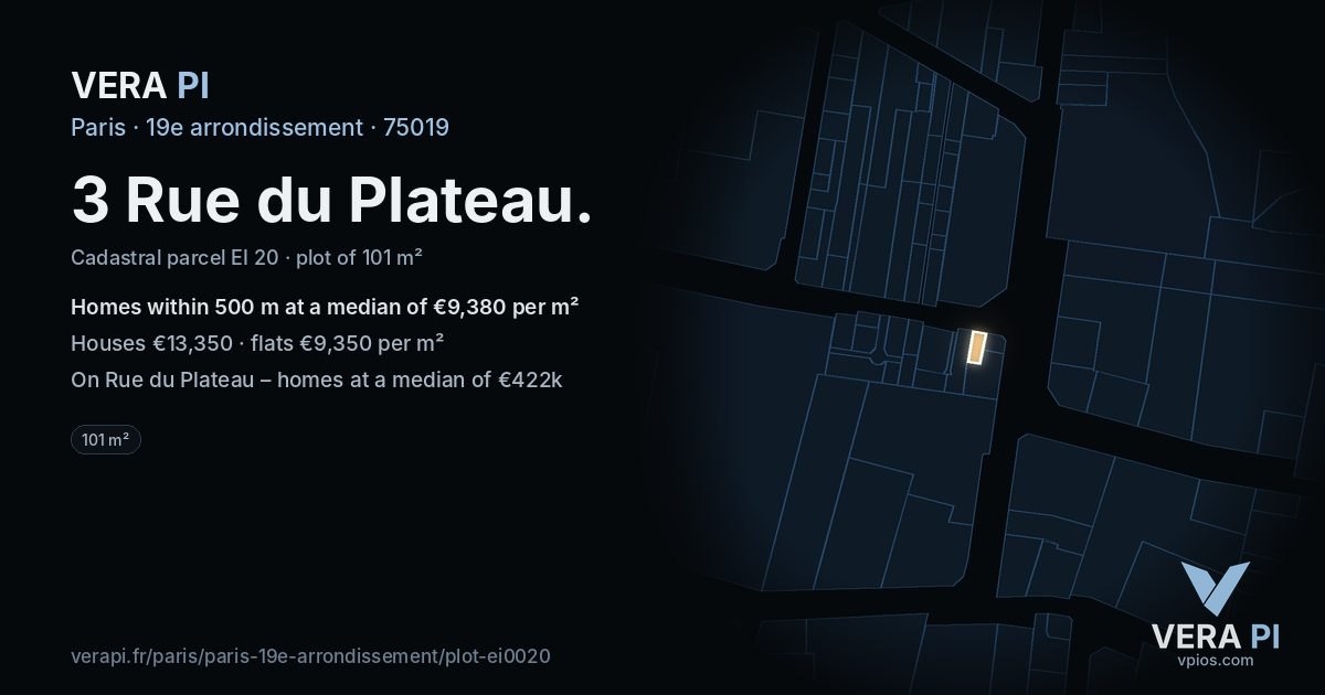 3 Rue du Plateau, 19e arrondissement at night – the plot lit, the parcels around coloured by the prices near them