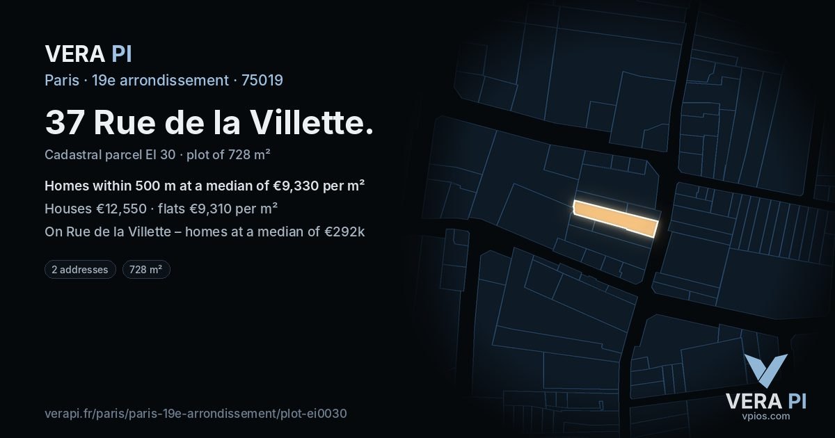 37 Rue de la Villette, 19e arrondissement at night – the plot lit, the parcels around coloured by the prices near them