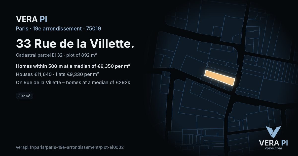 33 Rue de la Villette, 19e arrondissement at night – the plot lit, the parcels around coloured by the prices near them