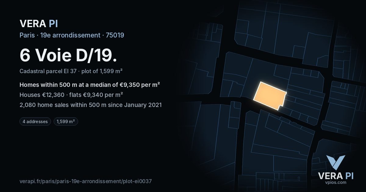 6 Voie D/19, 19e arrondissement at night – the plot lit, the parcels around coloured by the prices near them