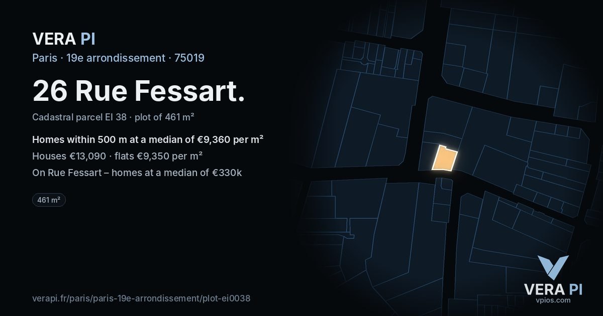 26 Rue Fessart, 19e arrondissement at night – the plot lit, the parcels around coloured by the prices near them
