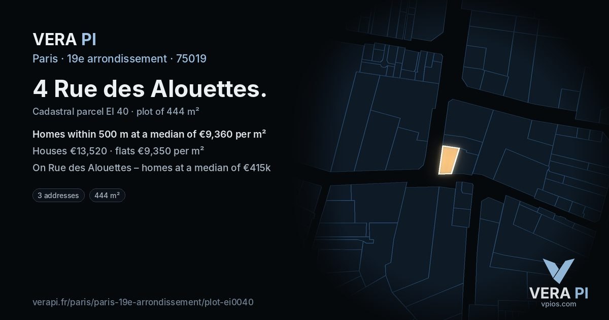 4 Rue des Alouettes, 19e arrondissement at night – the plot lit, the parcels around coloured by the prices near them