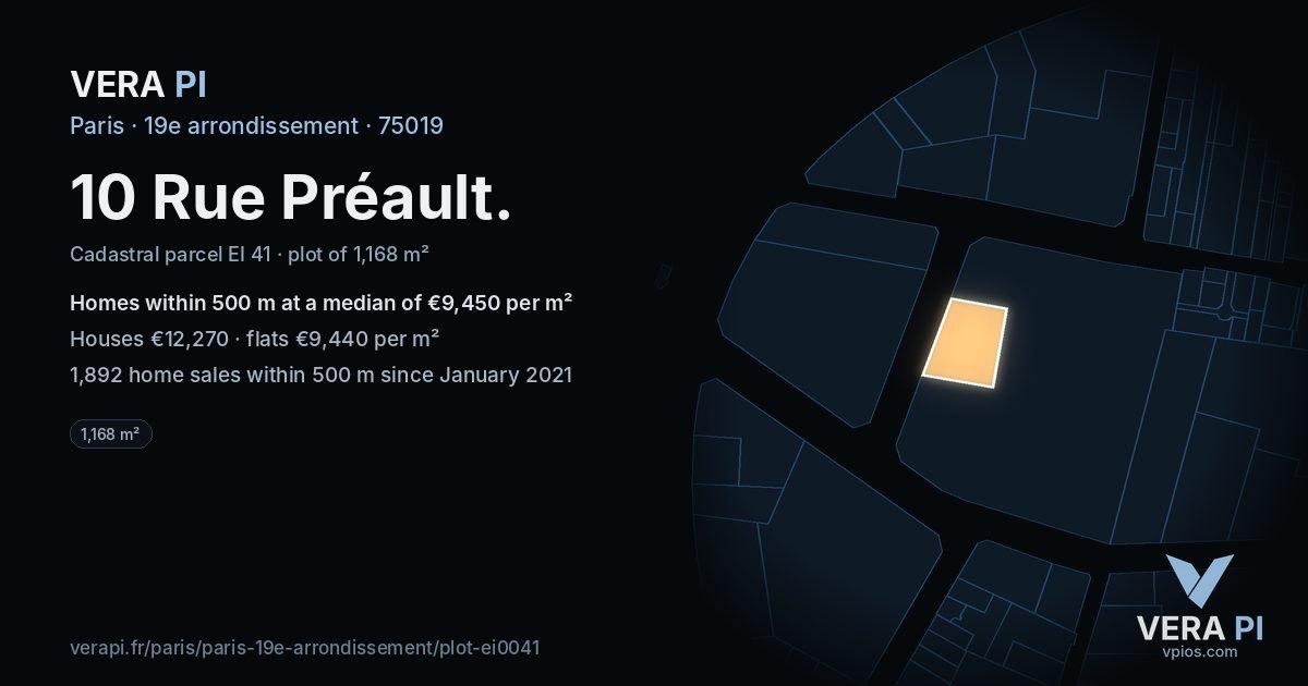 10 Rue Préault, 19e arrondissement at night – the plot lit, the parcels around coloured by the prices near them