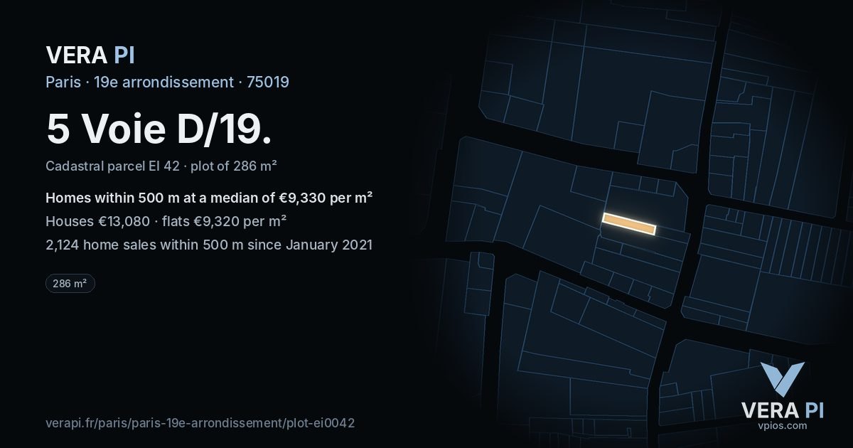 5 Voie D/19, 19e arrondissement at night – the plot lit, the parcels around coloured by the prices near them