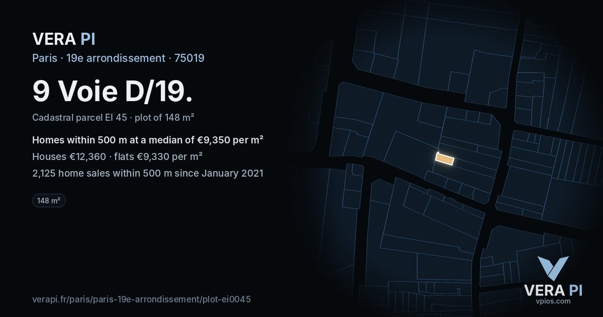 9 Voie D/19, 19e arrondissement at night – the plot lit, the parcels around coloured by the prices near them