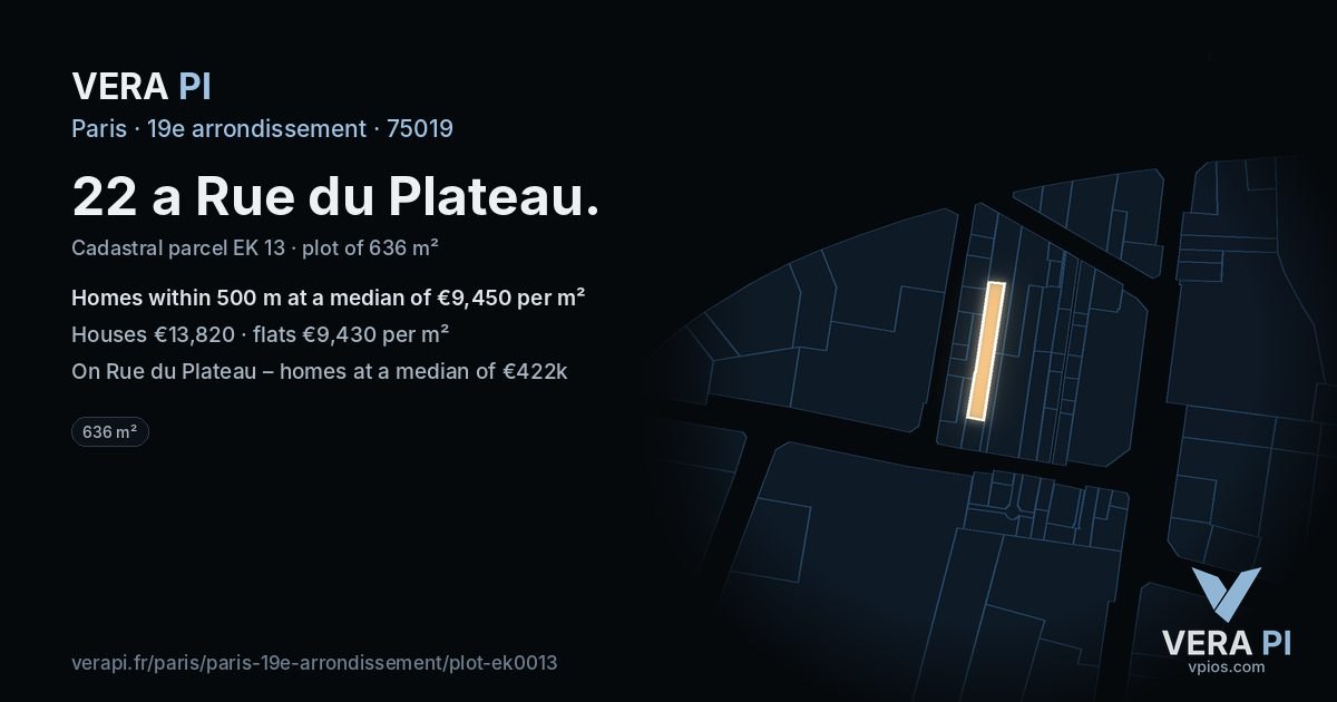 22 a Rue du Plateau, 19e arrondissement at night – the plot lit, the parcels around coloured by the prices near them