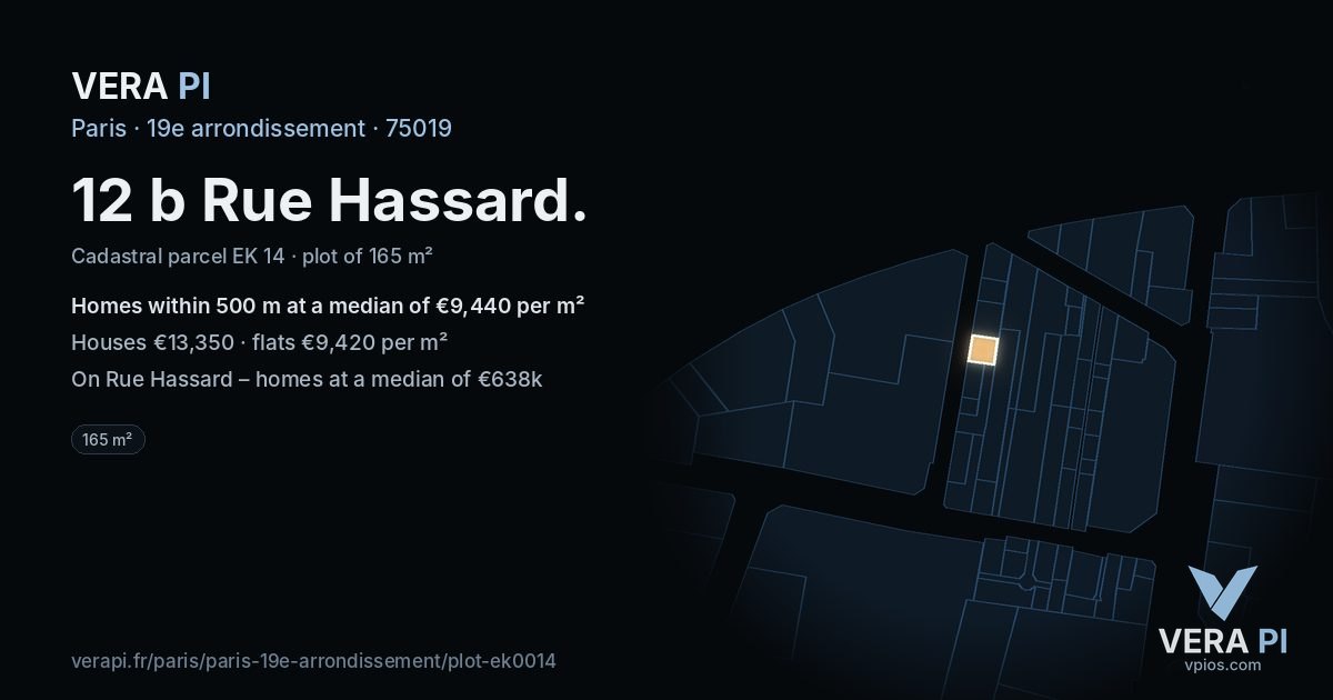 12 b Rue Hassard, 19e arrondissement at night – the plot lit, the parcels around coloured by the prices near them