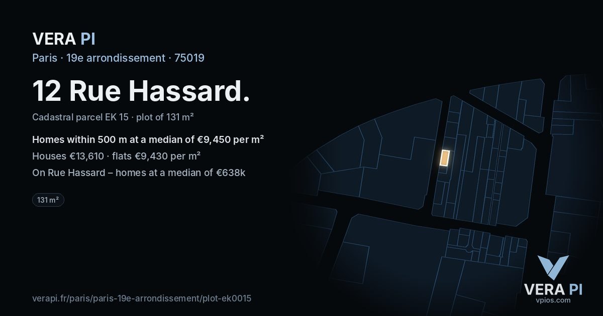 12 Rue Hassard, 19e arrondissement at night – the plot lit, the parcels around coloured by the prices near them