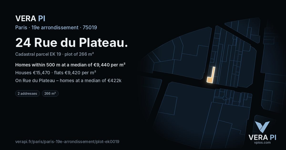 24 Rue du Plateau, 19e arrondissement at night – the plot lit, the parcels around coloured by the prices near them