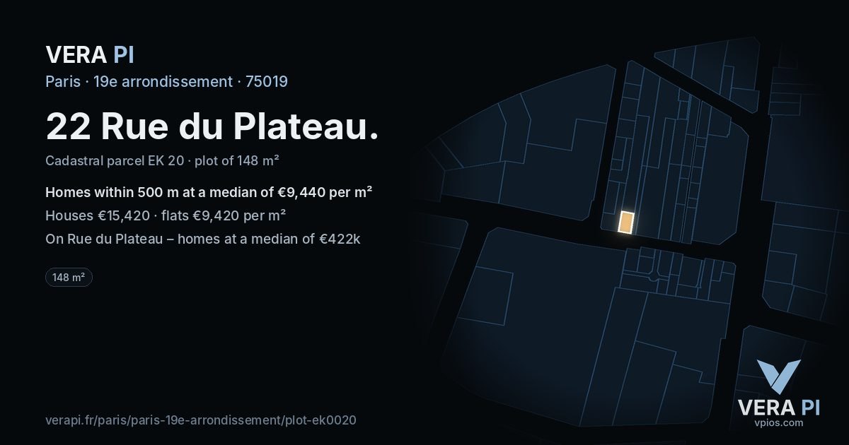 22 Rue du Plateau, 19e arrondissement at night – the plot lit, the parcels around coloured by the prices near them