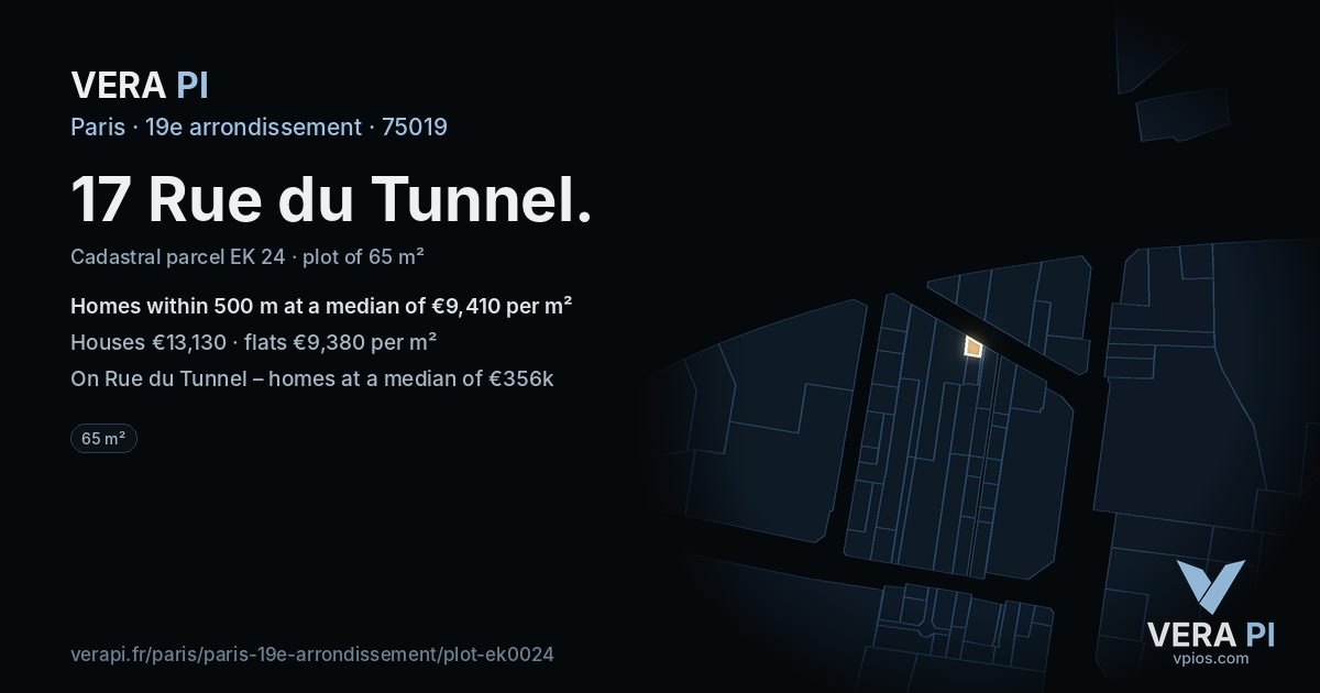 17 Rue du Tunnel, 19e arrondissement at night – the plot lit, the parcels around coloured by the prices near them