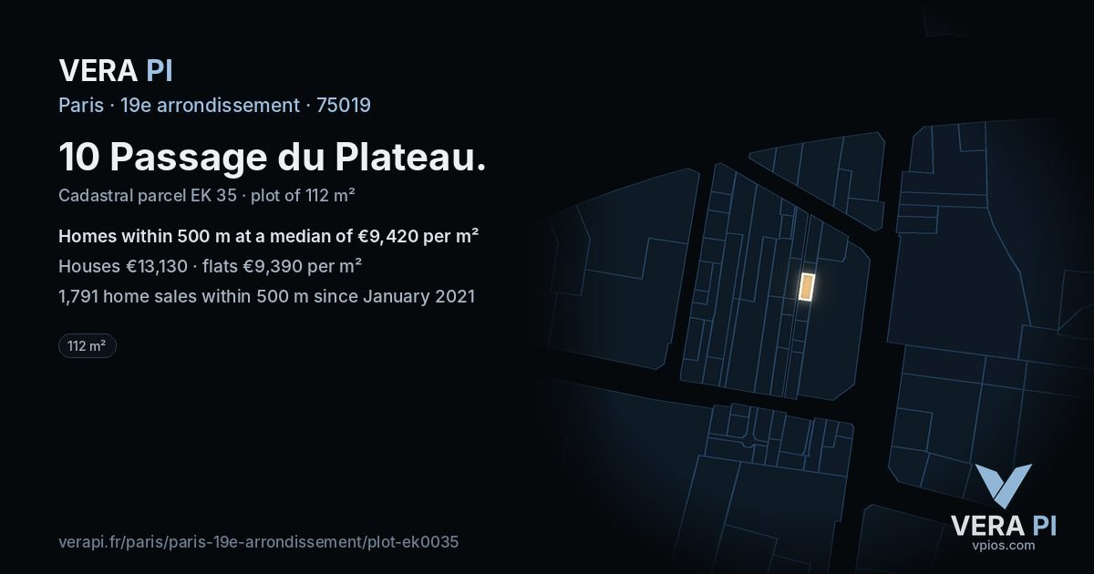 10 Passage du Plateau, 19e arrondissement at night – the plot lit, the parcels around coloured by the prices near them