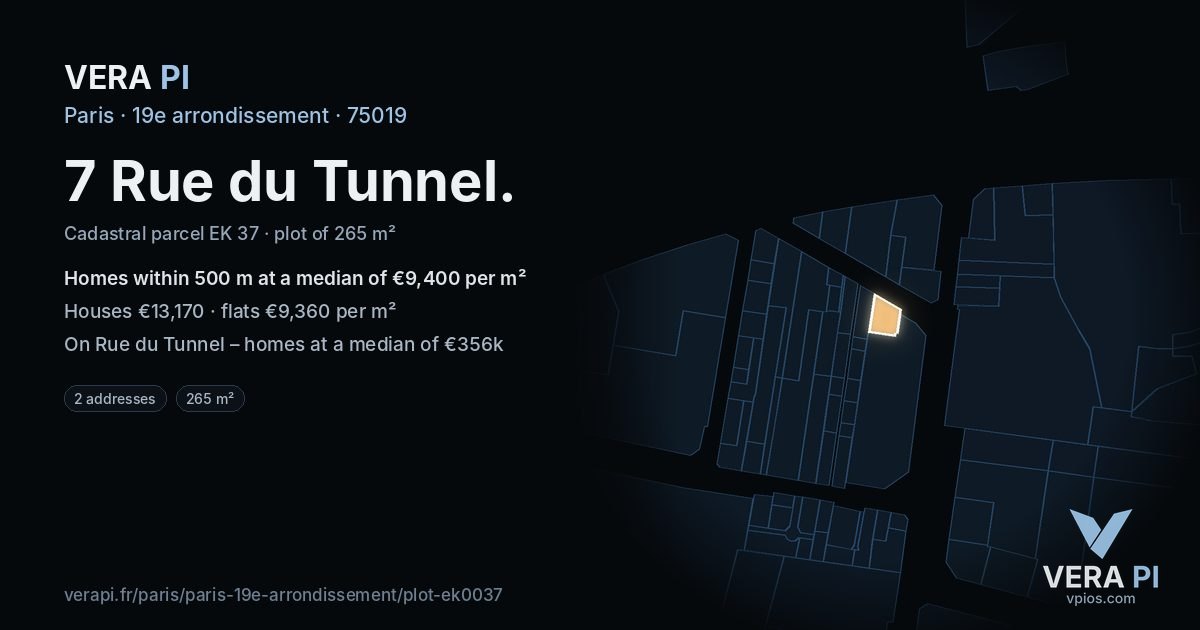 7 Rue du Tunnel, 19e arrondissement at night – the plot lit, the parcels around coloured by the prices near them