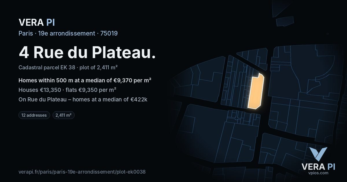 4 Rue du Plateau, 19e arrondissement at night – the plot lit, the parcels around coloured by the prices near them