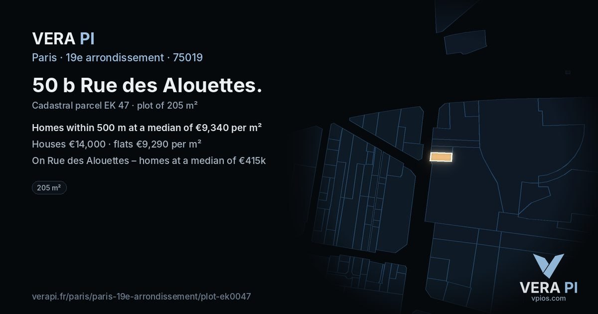 50 b Rue des Alouettes, 19e arrondissement at night – the plot lit, the parcels around coloured by the prices near them