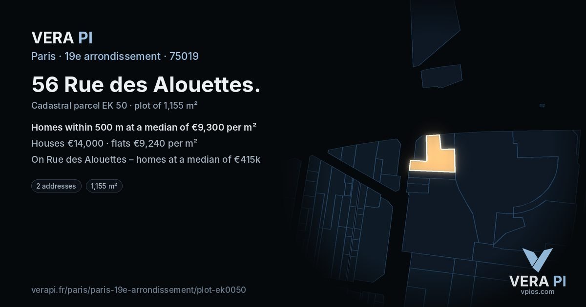 56 Rue des Alouettes, 19e arrondissement at night – the plot lit, the parcels around coloured by the prices near them