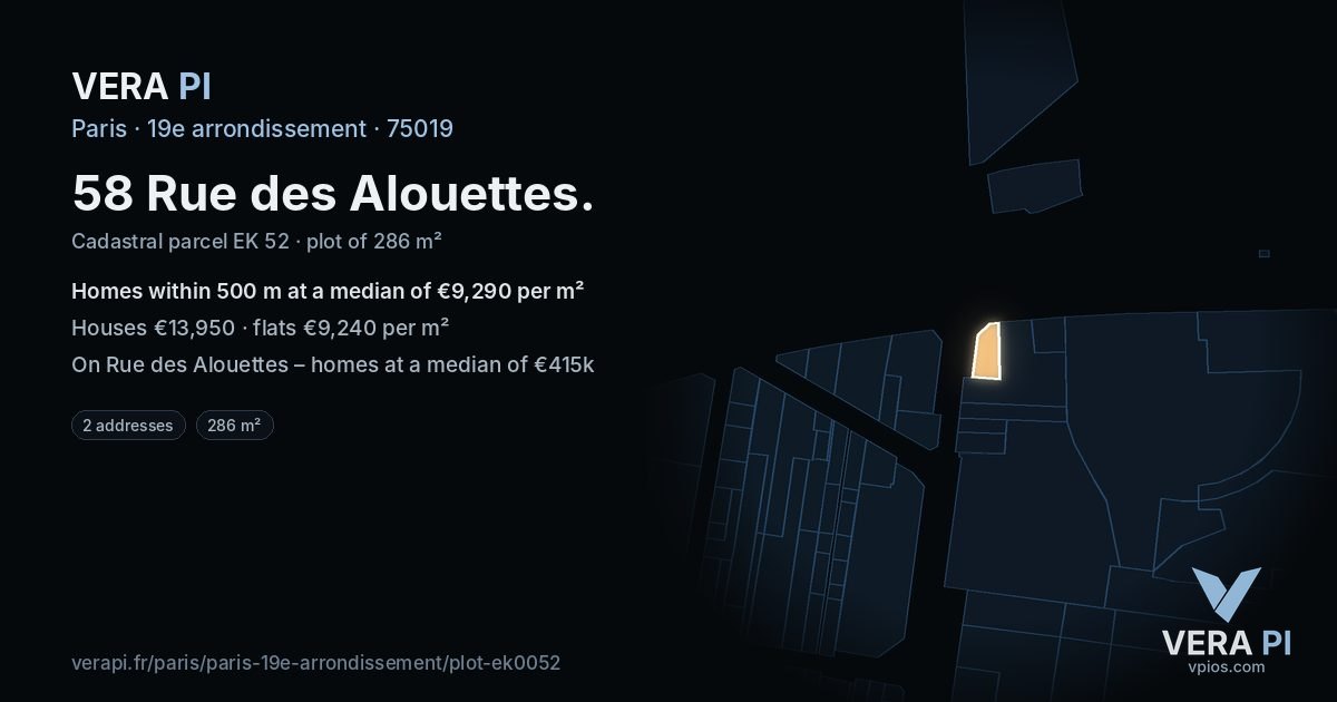58 Rue des Alouettes, 19e arrondissement at night – the plot lit, the parcels around coloured by the prices near them