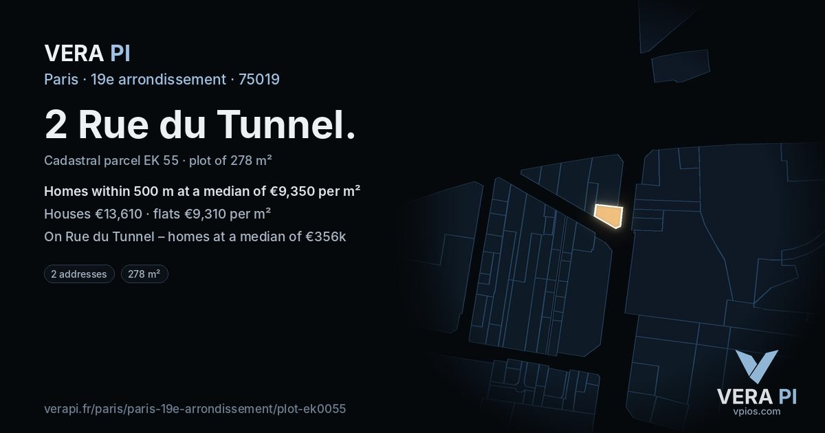 2 Rue du Tunnel, 19e arrondissement at night – the plot lit, the parcels around coloured by the prices near them
