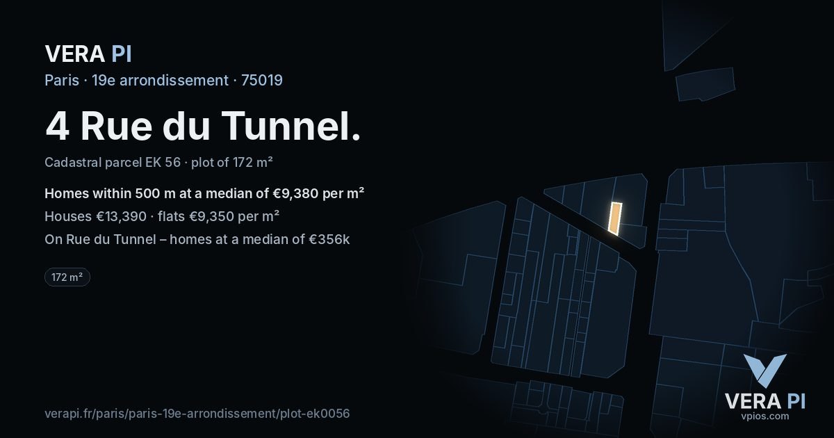 4 Rue du Tunnel, 19e arrondissement at night – the plot lit, the parcels around coloured by the prices near them