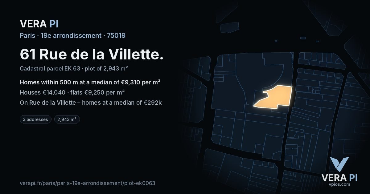 61 Rue de la Villette, 19e arrondissement at night – the plot lit, the parcels around coloured by the prices near them