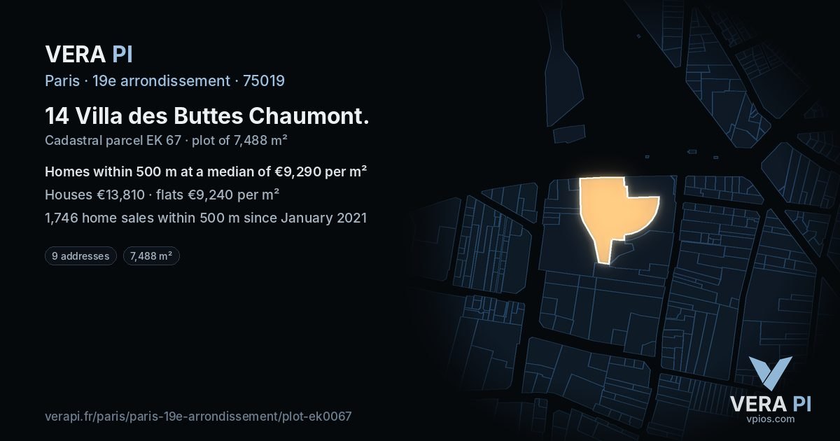 14 Villa des Buttes Chaumont, 19e arrondissement at night – the plot lit, the parcels around coloured by the prices near them