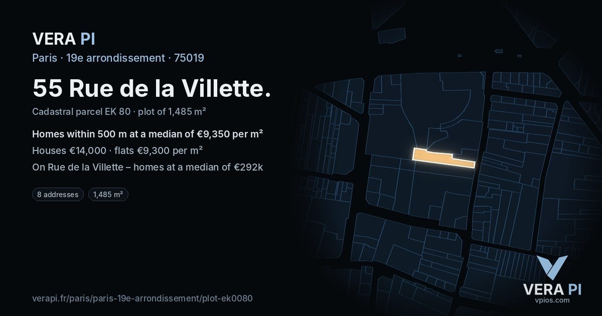 55 Rue de la Villette, 19e arrondissement at night – the plot lit, the parcels around coloured by the prices near them