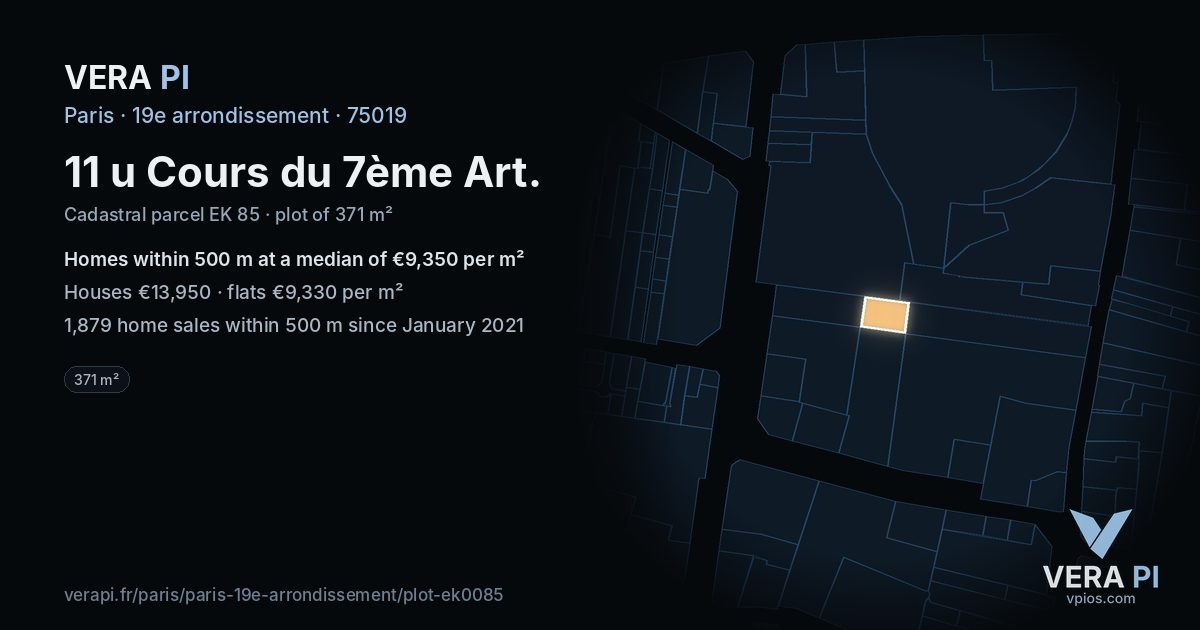 11 u Cours du 7ème Art, 19e arrondissement at night – the plot lit, the parcels around coloured by the prices near them
