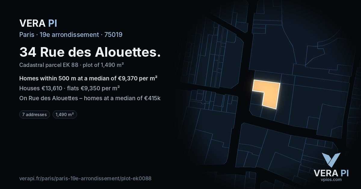 34 Rue des Alouettes, 19e arrondissement at night – the plot lit, the parcels around coloured by the prices near them