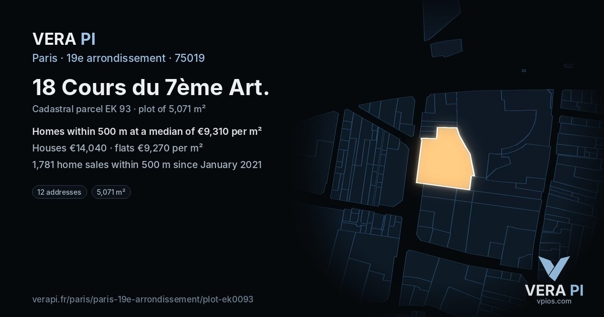 18 Cours du 7ème Art, 19e arrondissement at night – the plot lit, the parcels around coloured by the prices near them