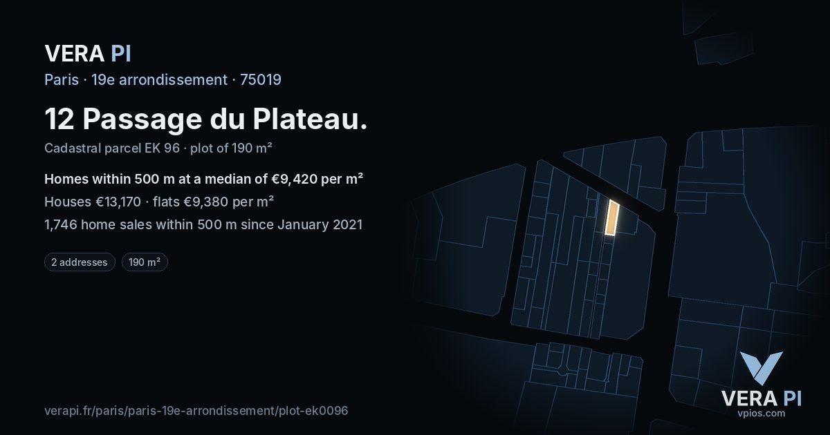 12 Passage du Plateau, 19e arrondissement at night – the plot lit, the parcels around coloured by the prices near them