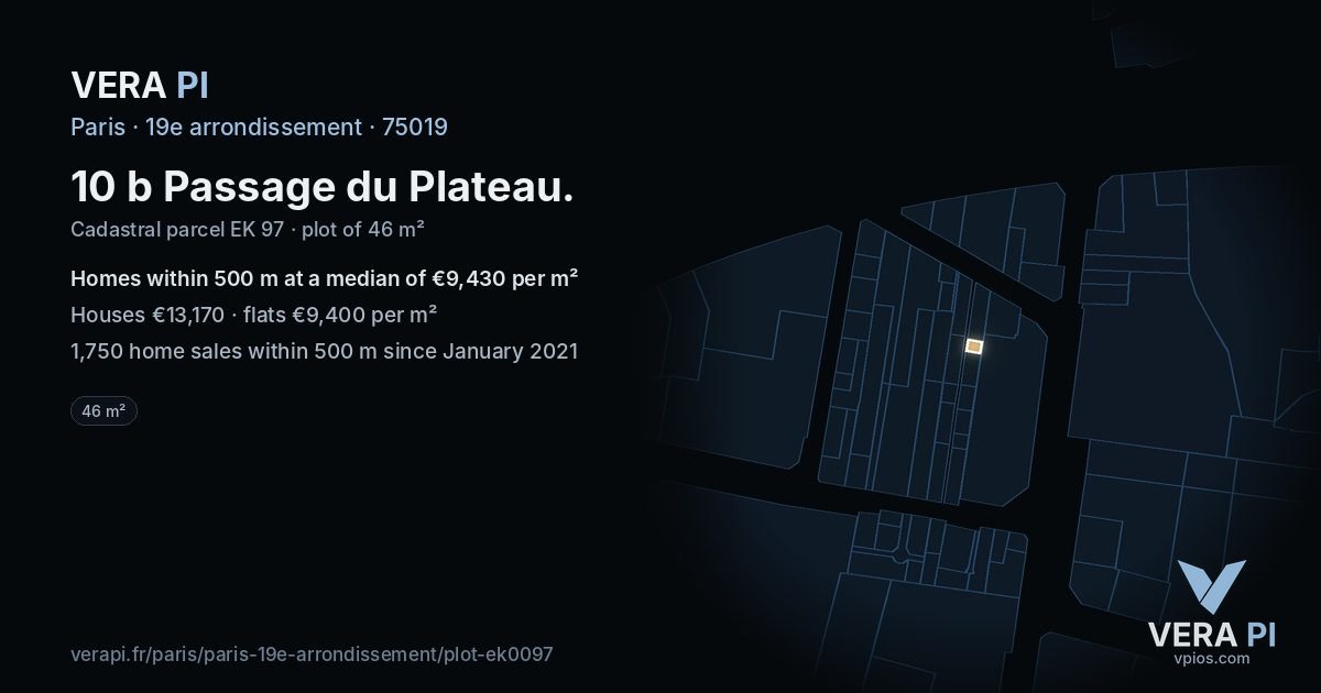10 b Passage du Plateau, 19e arrondissement at night – the plot lit, the parcels around coloured by the prices near them
