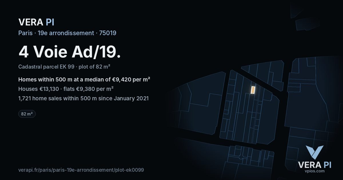 4 Voie Ad/19, 19e arrondissement at night – the plot lit, the parcels around coloured by the prices near them