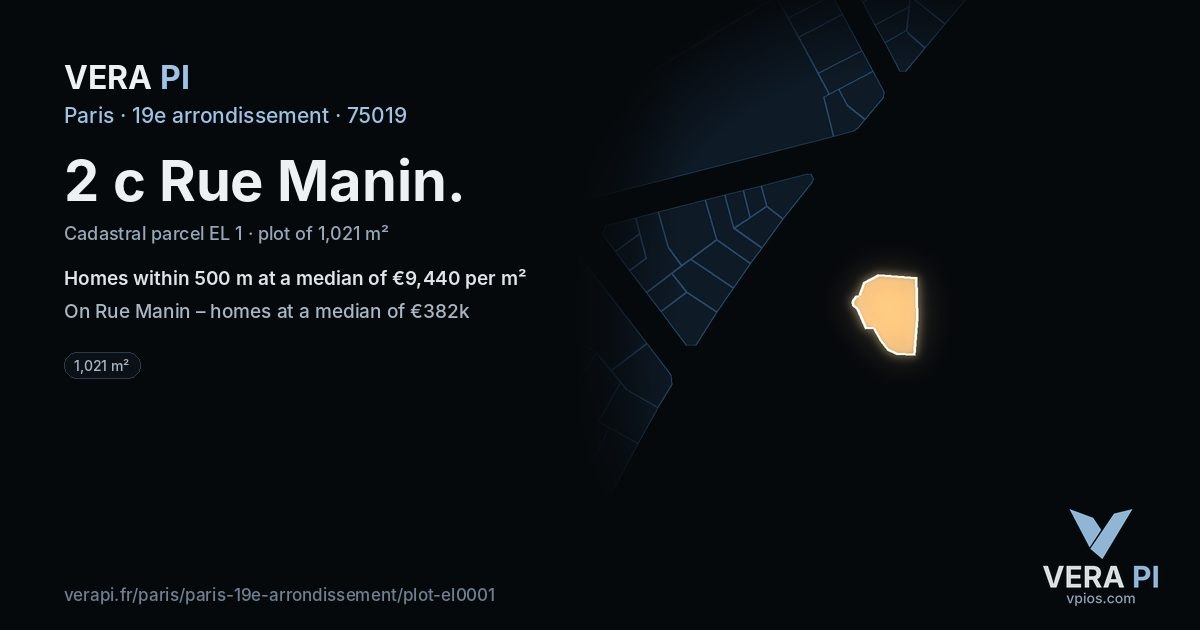 2 c Rue Manin, 19e arrondissement at night – the plot lit, the parcels around coloured by the prices near them