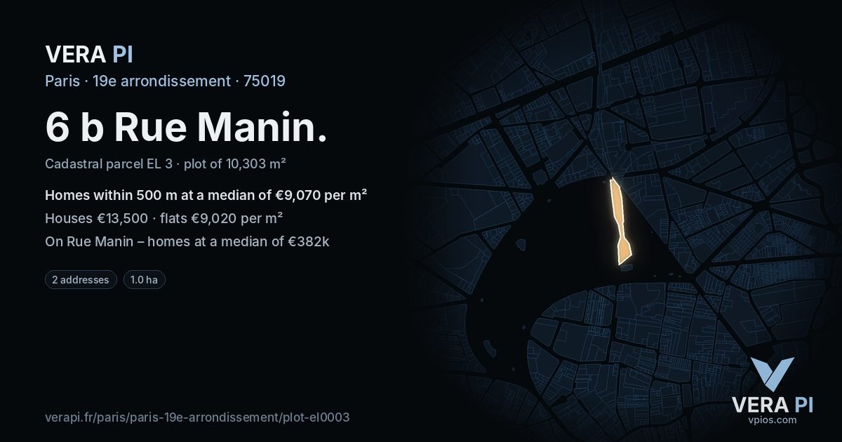 6 b Rue Manin, 19e arrondissement at night – the plot lit, the parcels around coloured by the prices near them