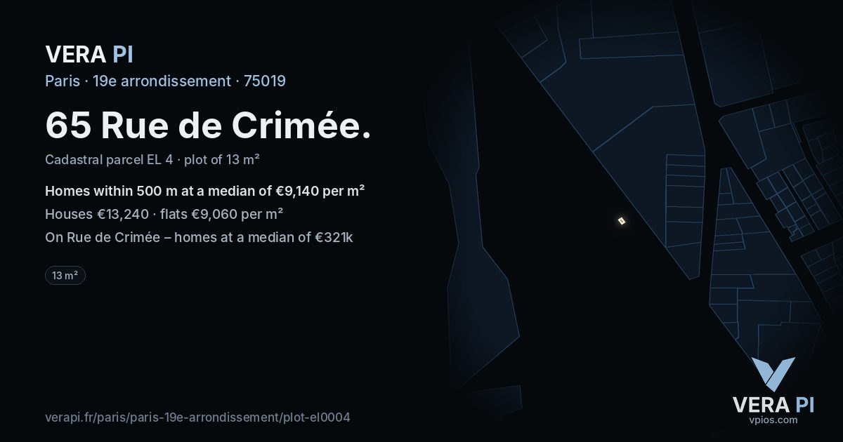 65 Rue de Crimée, 19e arrondissement at night – the plot lit, the parcels around coloured by the prices near them