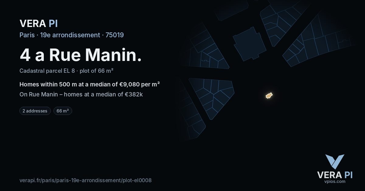 4 a Rue Manin, 19e arrondissement at night – the plot lit, the parcels around coloured by the prices near them