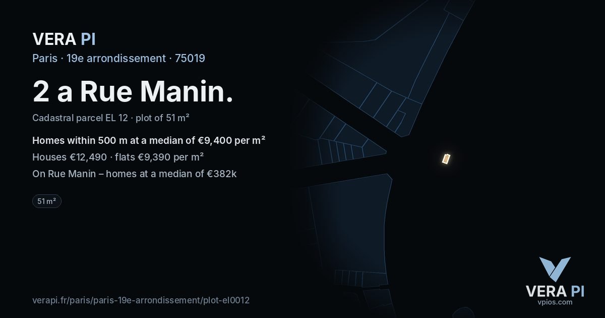 2 a Rue Manin, 19e arrondissement at night – the plot lit, the parcels around coloured by the prices near them