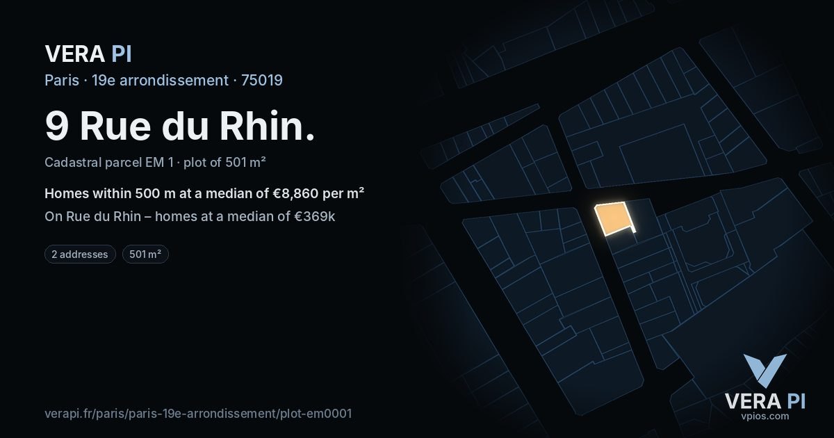 9 Rue du Rhin, 19e arrondissement at night – the plot lit, the parcels around coloured by the prices near them