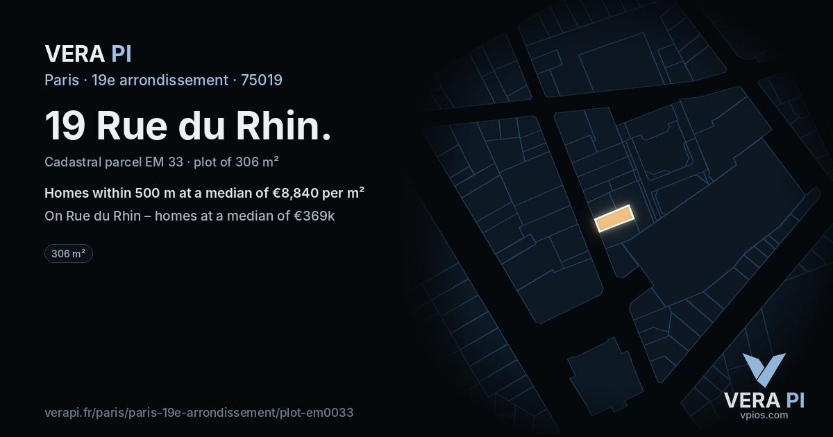 19 Rue du Rhin, 19e arrondissement at night – the plot lit, the parcels around coloured by the prices near them