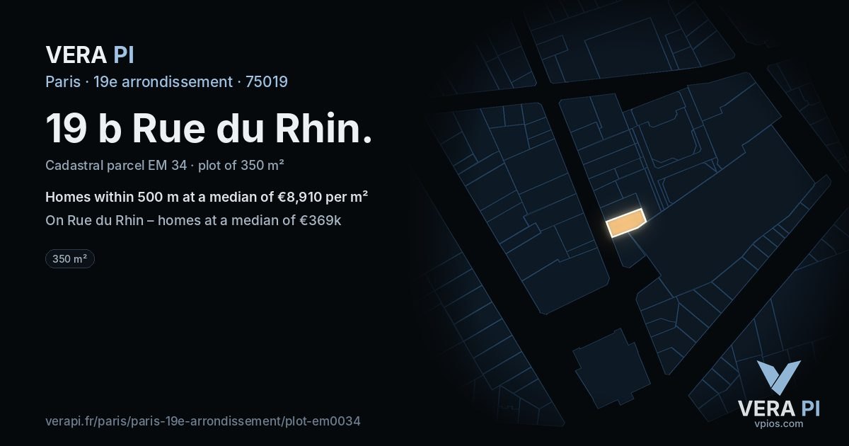 19 b Rue du Rhin, 19e arrondissement at night – the plot lit, the parcels around coloured by the prices near them