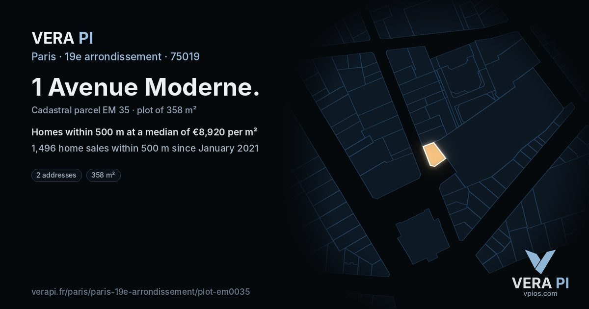 1 Avenue Moderne, 19e arrondissement at night – the plot lit, the parcels around coloured by the prices near them