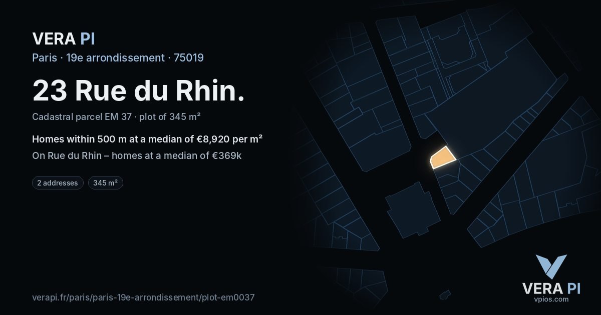 23 Rue du Rhin, 19e arrondissement at night – the plot lit, the parcels around coloured by the prices near them