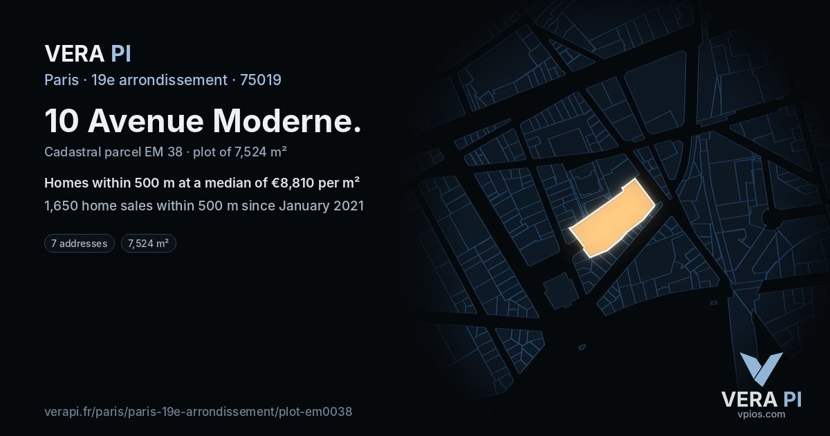 10 Avenue Moderne, 19e arrondissement at night – the plot lit, the parcels around coloured by the prices near them