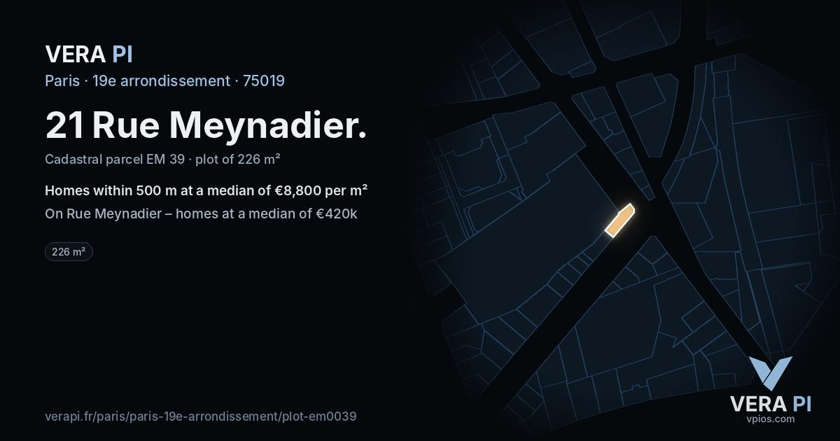 21 Rue Meynadier, 19e arrondissement at night – the plot lit, the parcels around coloured by the prices near them